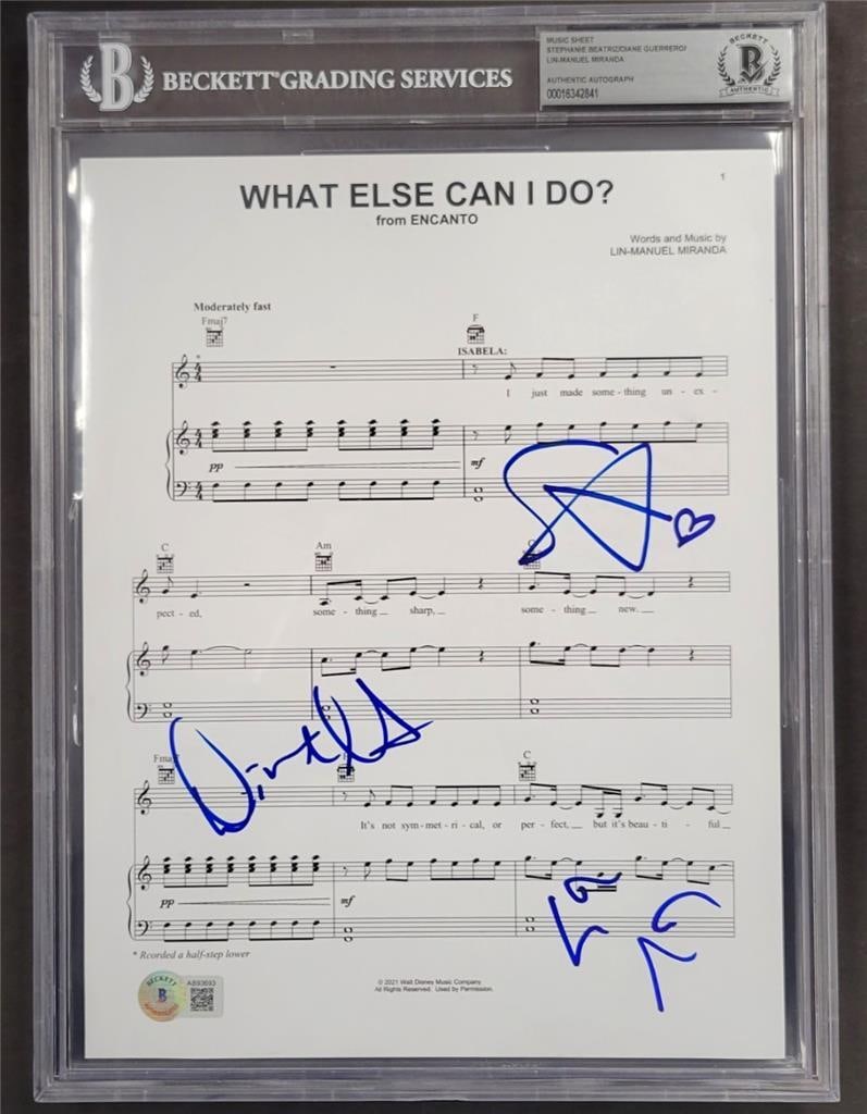 Lin-Manuel Miranda Signed Encanto Music Sheet 8.5x11 Beckett Authenticated: Lin-Manuel Miranda Signed Encanto Music Sheet 8.5x11 Beckett Authenticated This is an original music sheet from the hit movie Encanto, measuring 8.5x11 inches. It features the signatures of Lin-Manuel