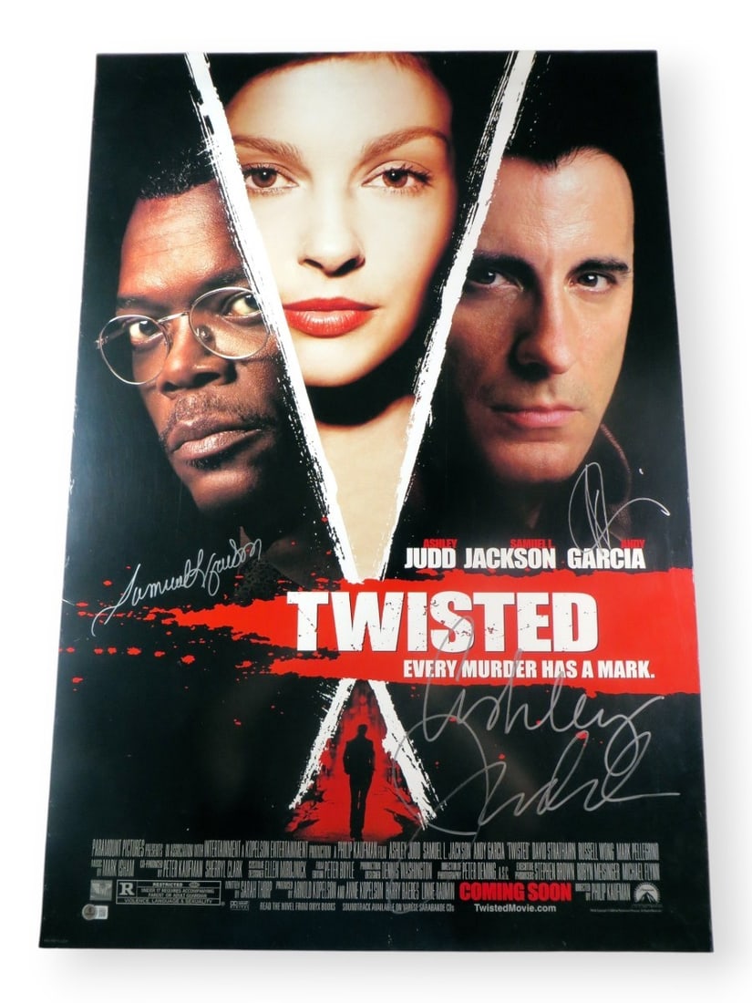 Twisted Autographed 27x40 Poster Samuel L Jackson Ashley Judd Andy Garcia Beckett Authenticated: Twisted Autographed 27x40 Poster Samuel L Jackson Ashley Judd Andy Garcia Beckett Authenticated This striking Twisted 27X40 poster features the authentic signatures of renowned actors Samuel L. Jackso