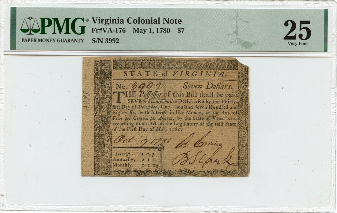 1780 $7 Virginia Colonial Note PMG VF25 Rare 10 Known: 1780 $7 Virginia Colonial Note PMG VF25 Rare 10 Known This 1780 May 1 Virginia Colonial Note (FR#VA-176) is a notable collectible piece, certified by PMG with a grade of VF25. It is part of a limited