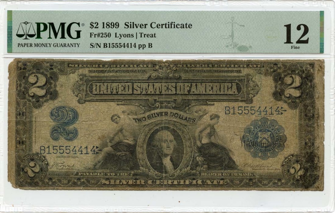 PMG F12 1899 Mini Porthole $2 Silver Certificate FR250 United States: PMG F12 1899 Mini Porthole $2 Silver Certificate FR250 United States This 1899 $2 Silver Certificate, known as the Mini Porthole, is a circulated U.S. banknote graded F12 and authenticated by PMG. It
