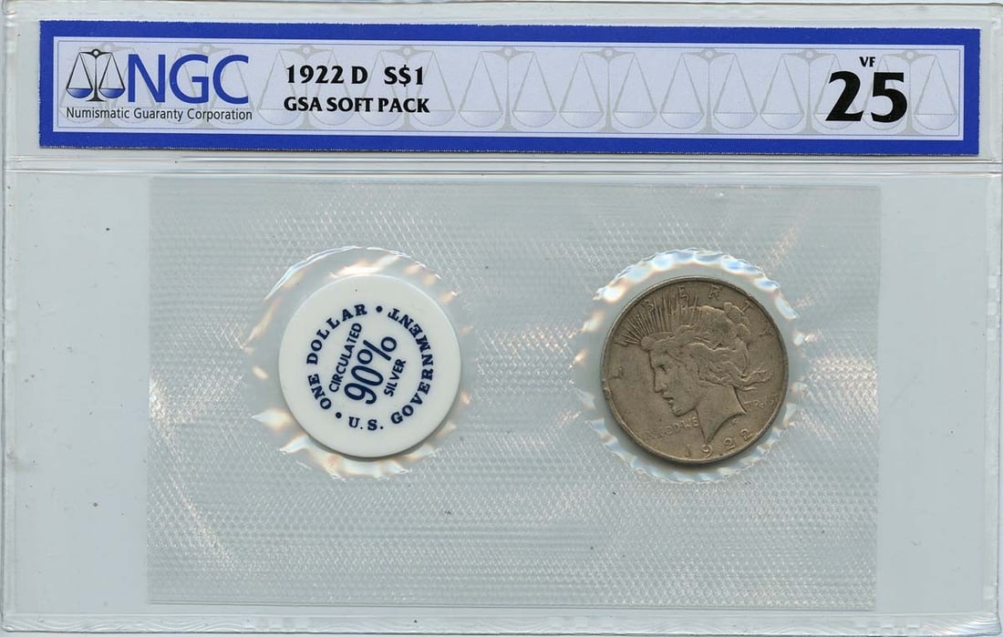 NGC VF25 1922-D Peace Silver Dollar in GSA Soft Pack: NGC VF25 1922-D Peace Silver Dollar in GSA Soft Pack This 1922-D Peace Dollar is graded VF25 by NGC and is presented in a GSA soft pack. It is a circulated silver coin from the United States, minted i