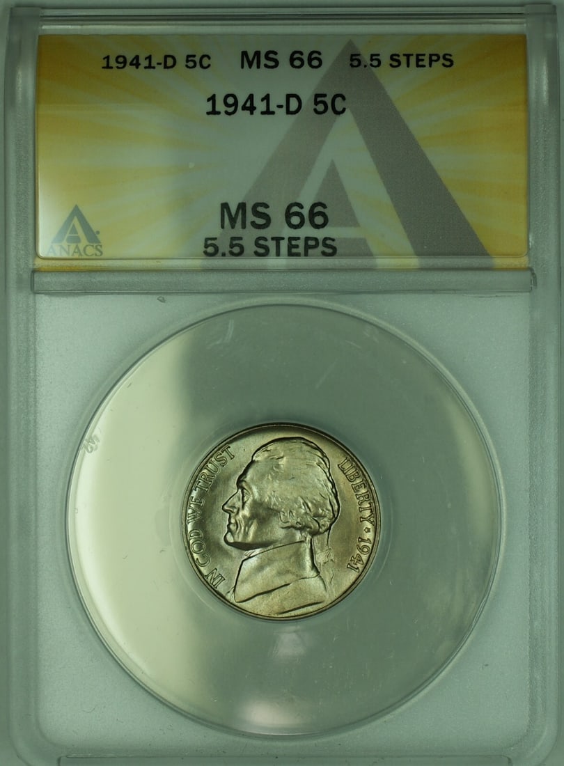 ANACS MS 66 1941-D Jefferson Nickel 5C with 5.5 Steps: ANACS MS 66 1941-D Jefferson Nickel 5C with 5.5 Steps This is a 1941-D Jefferson Nickel with a denomination of 5 cents, certified by ANACS with a grade of MS 66 and featuring 5.5 steps. The coin is un