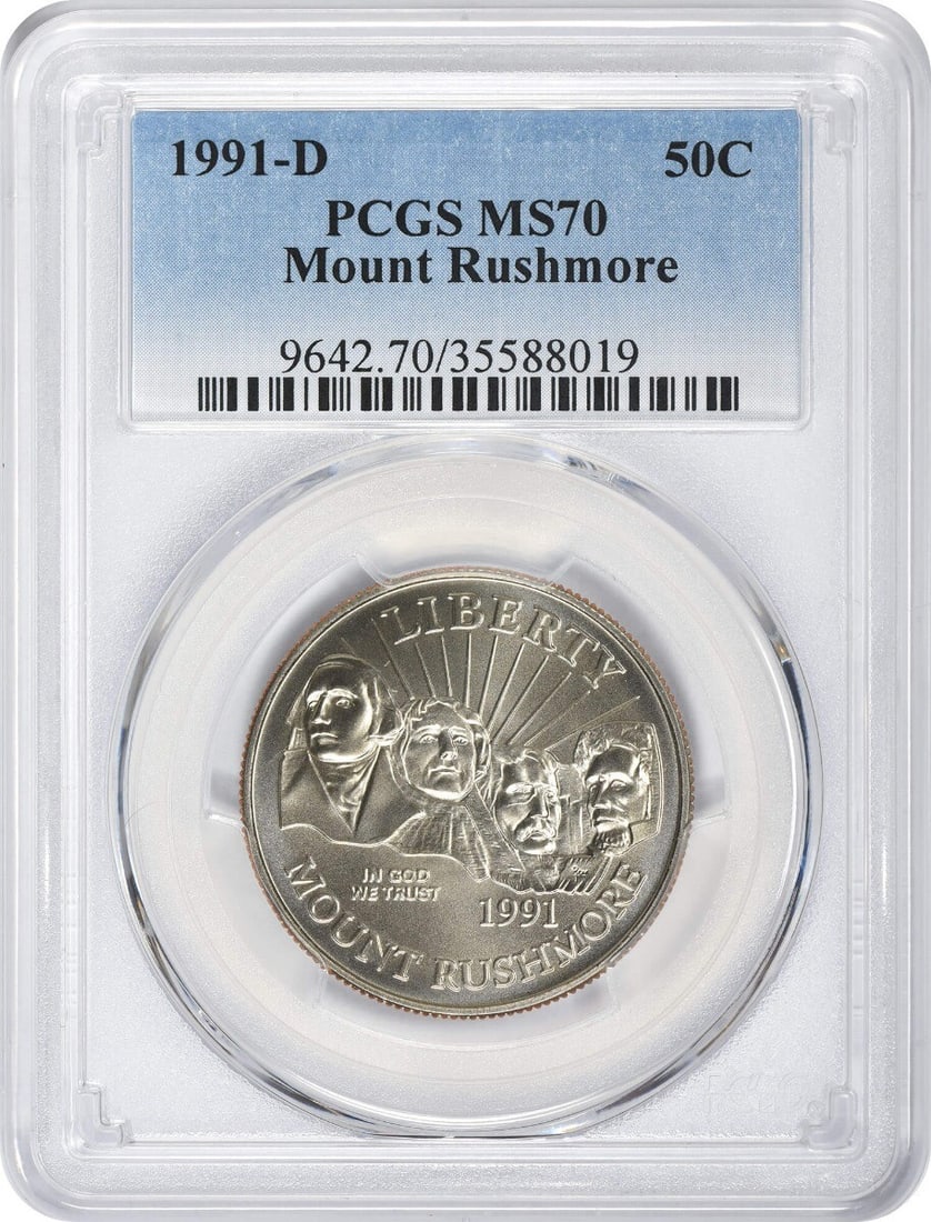 1991-D Mount Rushmore Half Dollar MS70 PCGS Uncirculated Coin: 1991-D Mount Rushmore Half Dollar MS70 PCGS Uncirculated Coin This 1991-D Mount Rushmore Commemorative Half Dollar is a stunning piece certified by PCGS as MS70, ensuring its pristine uncirculated con