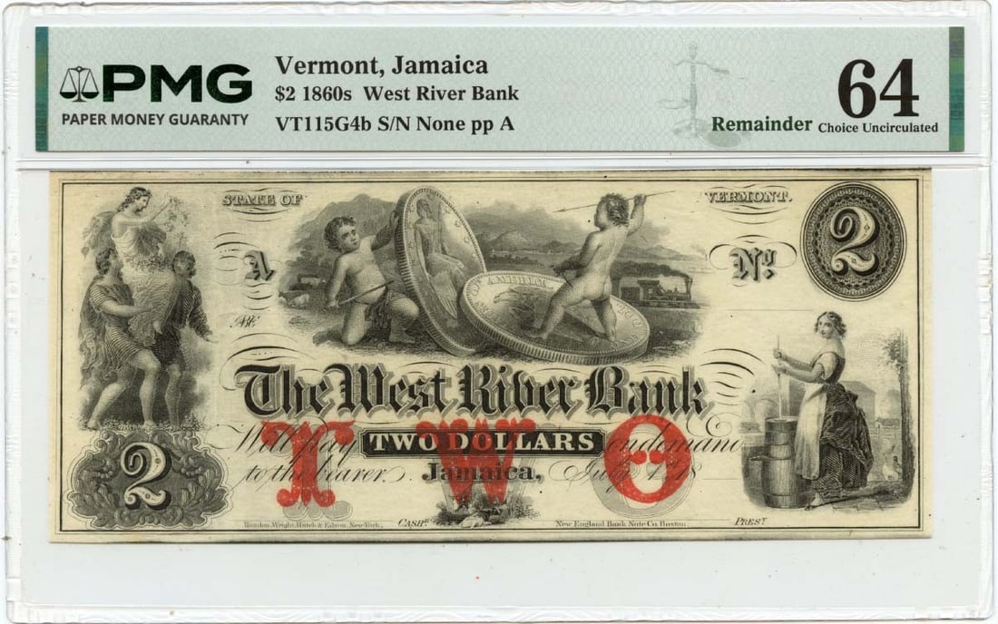 West River Bank Jamaica Vermont $2 Obsolete Currency PMG CU64: West River Bank Jamaica Vermont $2 Obsolete Currency PMG CU64 This is an 1860s $2 obsolete note from the West River Bank in Jamaica, Vermont. The note has been certified by PMG with a grade of CU64, i