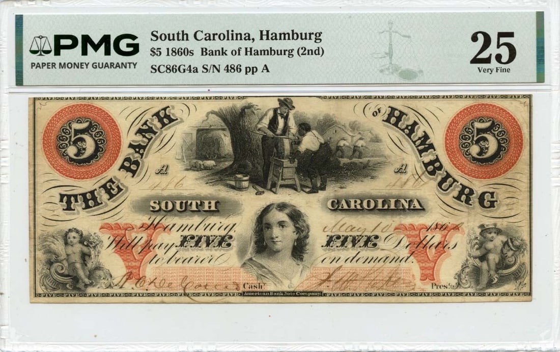 Bank of Hamburg $5 Obsolete Note 1860 PMG VF25 South Carolina: Bank of Hamburg $5 Obsolete Note 1860 PMG VF25 South Carolina This is an 1860 $5 obsolete bank note issued by the Bank of Hamburg in South Carolina. The note has been certified by PMG and graded as VF