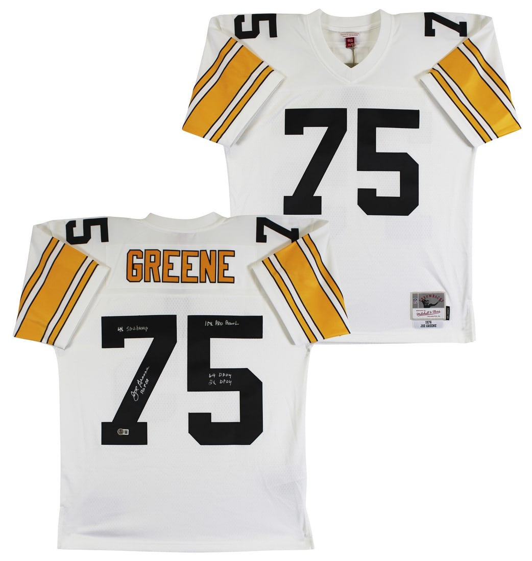 Joe Greene Signed White Steelers Throwback Jersey with BAS Authentication: Joe Greene Signed White Steelers Throwback Jersey with BAS Authentication Celebrate the legacy of Joe Greene with this authentic signed white Mitchell & Ness throwback jersey, commemorating his impres