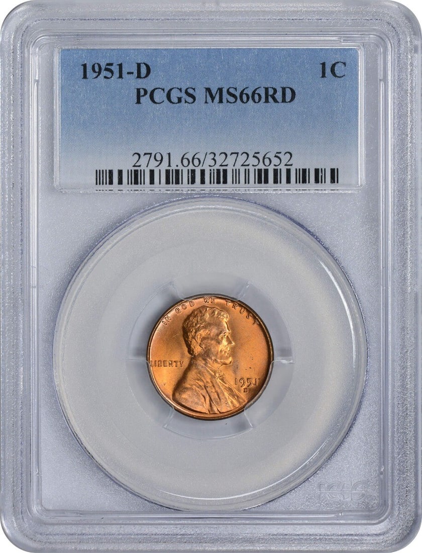 PCGS MS66RD 1951-D Lincoln Wheat Small Cent Uncirculated Copper Coin: PCGS MS66RD 1951-D Lincoln Wheat Small Cent Uncirculated Copper Coin This 1951-D Lincoln Wheat Cent is graded MS66RD by PCGS, indicating a high-quality, uncirculated coin. Struck at the Denver Mint, i