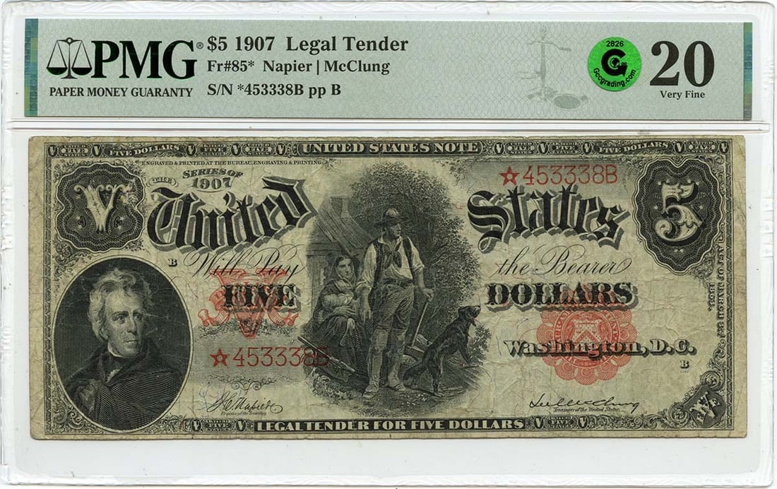 1907 Fr#85* Five Dollar Woodchopper Legal Tender Star Note PMG VF20: 1907 Fr#85* Five Dollar Woodchopper Legal Tender Star Note PMG VF20 This 1907 $5 Legal Tender Note, designated as Fr# 85*, is a remarkable piece of currency history. Certified by PMG with a grade of V