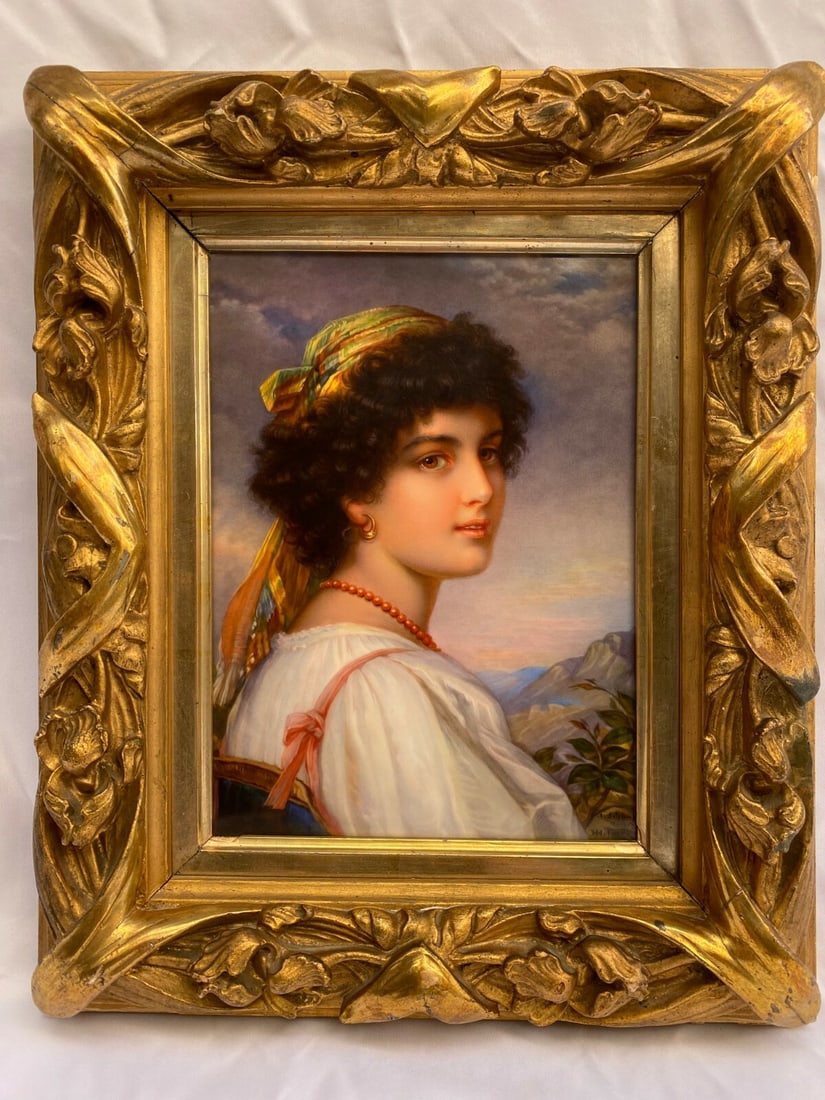 19th Century KPM Porcelain Painting A Schunzel nach Hofmann Gilt Frame: 19th Century KPM Porcelain Painting A Schunzel nach Hofmann Gilt Frame This exquisite 19th century German KPM porcelain plaque features a stunning portrait of Romerin, measuring 12" x 14.5" when frame