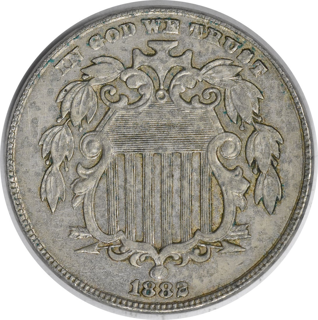 About Uncirculated 1882 Shield Nickel Coin Uncertified Philadelphia Mint: About Uncirculated 1882 Shield Nickel Coin Uncertified Philadelphia Mint This is an 1882 Shield Nickel from the United States, designed by James Barton Longacre. The coin is circulated, graded AU (Abo