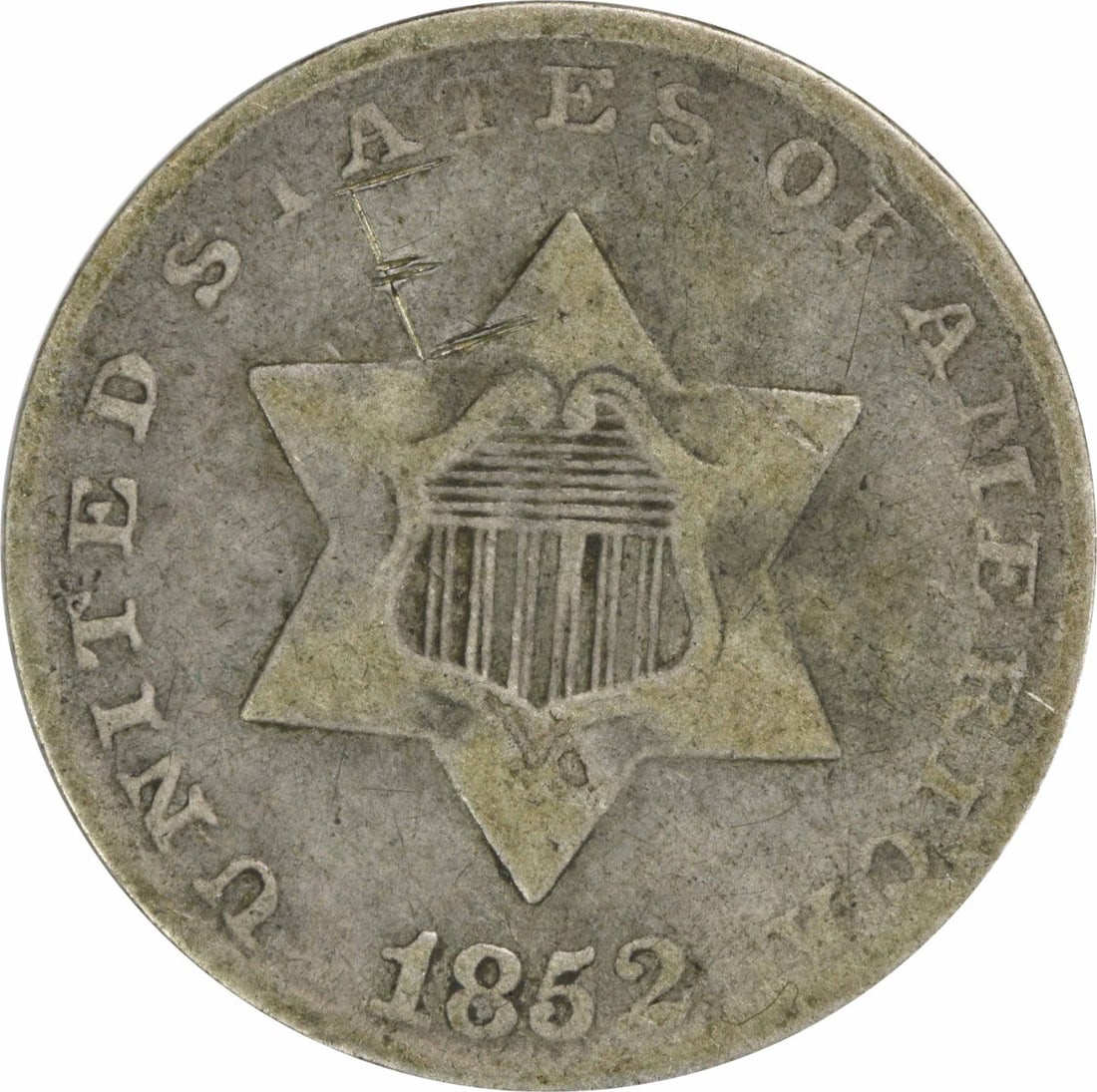 1852 Three Cent Silver Coin Uncertified F Grade Philadelphia Mint: 1852 Three Cent Silver Coin Uncertified F Grade Philadelphia Mint This 1852 Three Cent Silver coin is a notable piece of American numismatics, featuring a denomination of three cents. Struck in Philad