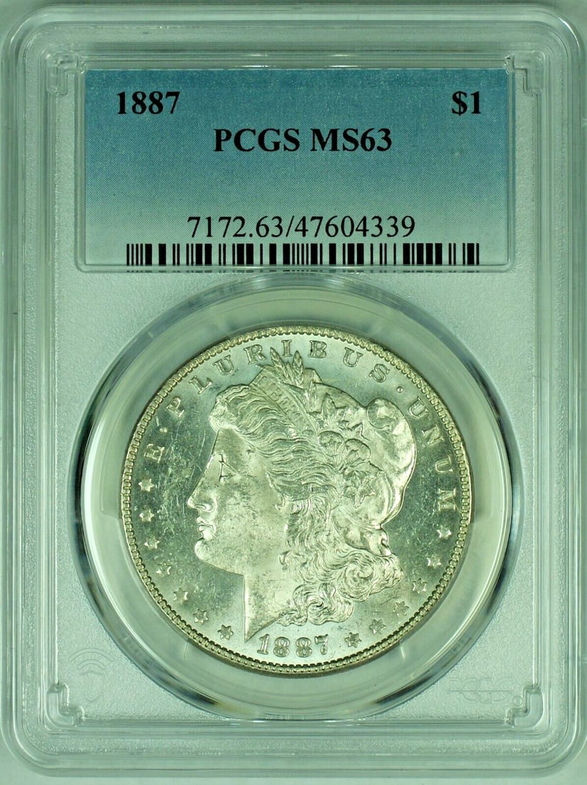 PCGS MS 63 1887 Morgan Dollar Semi-Proof Like Silver Coin: PCGS MS 63 1887 Morgan Dollar Semi-Proof Like Silver Coin This 1887 Morgan Silver Dollar features a semi-proof like strike and is graded MS 63 by PCGS. Uncirculated and composed of silver, this coin o