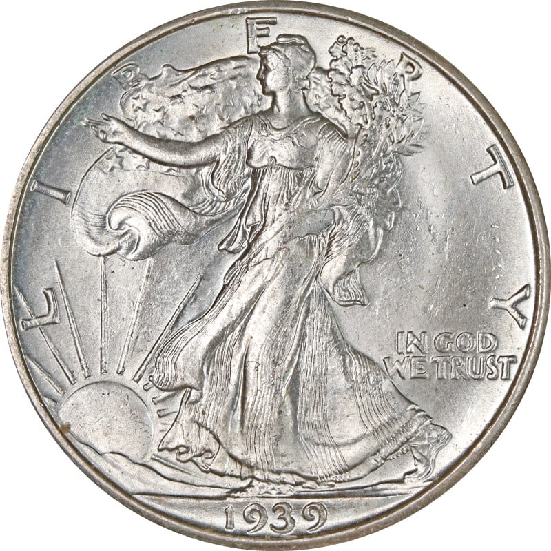 1939 Denver Mint Silver Half Dollar Walking Liberty Design: 1939 Denver Mint Silver Half Dollar Walking Liberty Design This is a 1939-D Walking Liberty Half Dollar coin composed of silver with a fineness of 0.9. The coin was minted in Denver and is in circulat