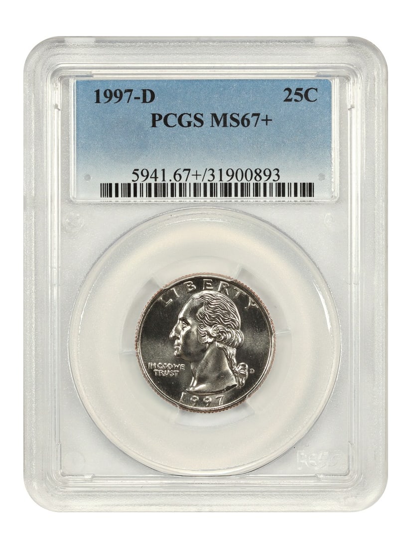 PCGS MS67 Plus 1997 Denver Washington Quarter 25C Uncirculated: PCGS MS67 Plus 1997 Denver Washington Quarter 25C Uncirculated This is a 1997-D Washington Quarter graded MS67+ by PCGS. The coin has a brilliant, blast white appearance and is uncirculated. It is a h