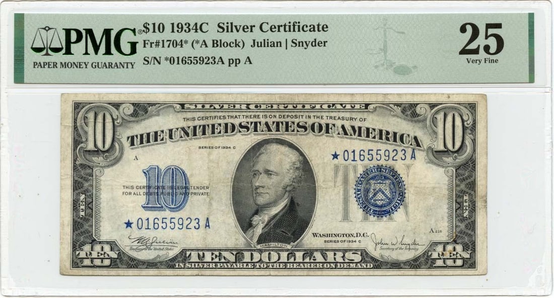 1934 $10 Silver Certificate Blue Seal Fr# 1704* PMG Certified: 1934 $10 Silver Certificate Blue Seal Fr# 1704* PMG Certified This 1934 $10 Silver Certificate features a striking blue seal and is designated as Fr# 1704*. Certified by PMG with a grade of VF25, this