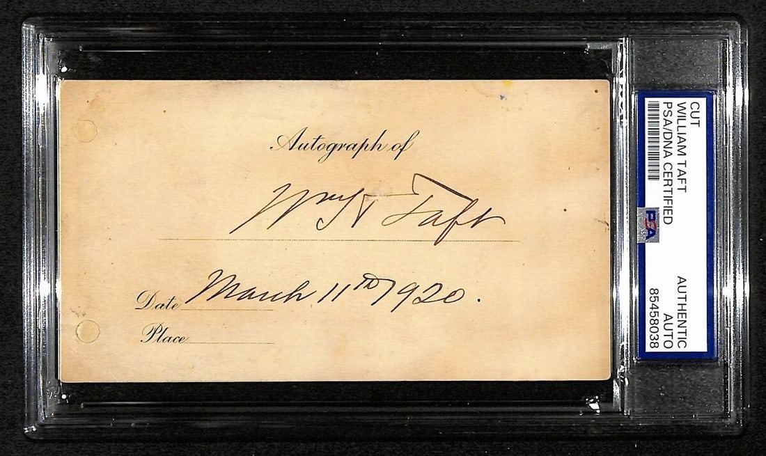 William Howard Taft Signed Cut Card 5.5x3 PSA/DNA Authenticated: William Howard Taft Signed Cut Card 5.5x3 PSA/DNA Authenticated This item features a signed 5.5x3 cut card of William Howard Taft, the 27th President of the United States. The autograph is authenticat