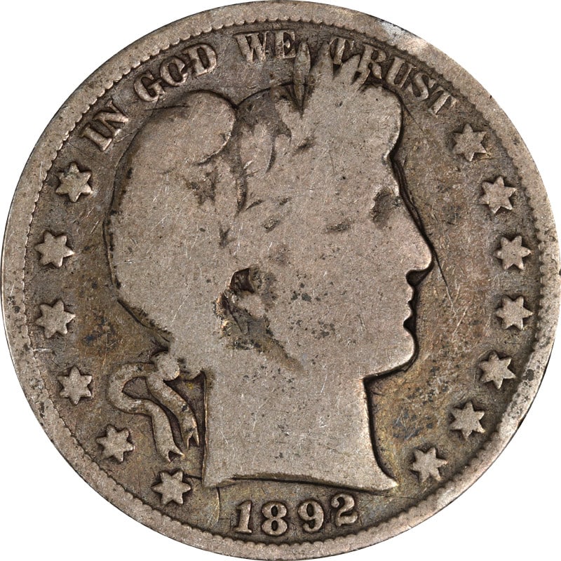 1892 Philadelphia Mint United States Silver Barber Half Dollar Coin: 1892 Philadelphia Mint United States Silver Barber Half Dollar Coin This 1892-P Barber Half Dollar is a circulated, pre-owned coin minted in Philadelphia. Composed of silver with a fineness of 0.9, it