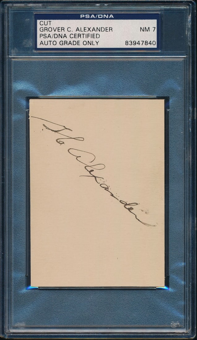 PSA DNA Authenticated 4x3 Cut Card Signed by Grover Cleveland Alexander HOF: PSA DNA Authenticated 4x3 Cut Card Signed by Grover Cleveland Alexander HOF This is a Grover Cleveland Alexander Hall of Fame signed 4x3 cut card, featuring his autograph. The card is associated with