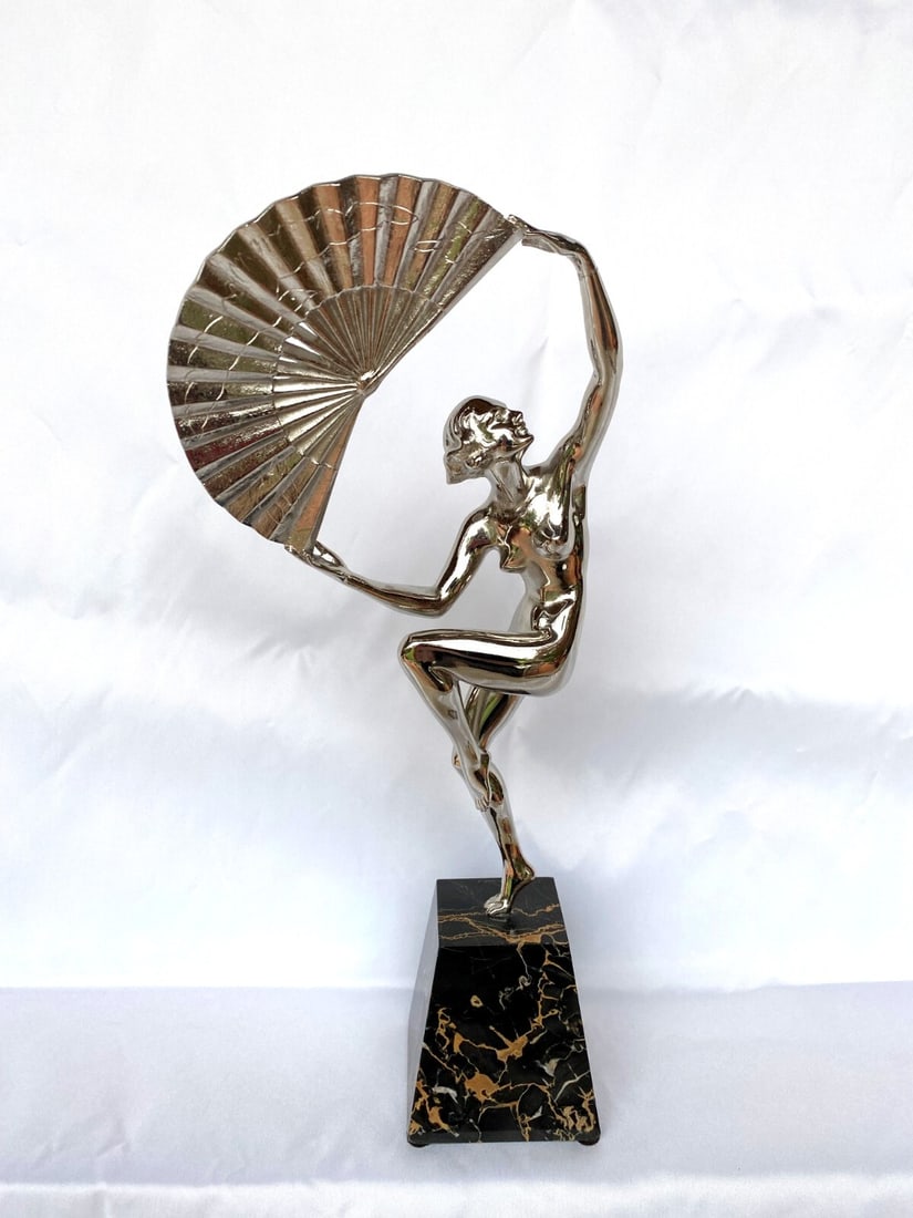 1930 Art Deco Bronze Dancer Figurine on Marble by M. Bouroine: 1930 Art Deco Bronze Dancer Figurine on Marble by M. Bouroine This exquisite 1930 Art Deco figurine showcases a French bronze dancer elegantly poised on a marble base, signed by the artist M. Bouroine