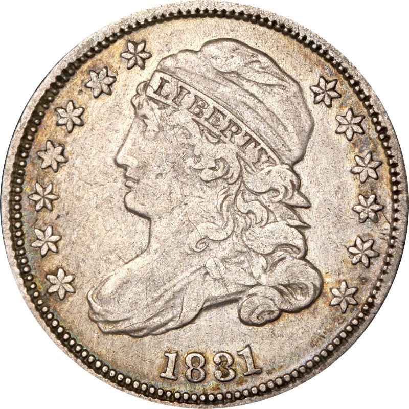 1831 Silver Dime Bust Design United States Coin: 1831 Silver Dime Bust Design United States Coin This 1831 Bust Dime is a circulated, pre-owned United States coin composed of silver with a fineness of 0.9. It is uncertified and offers a classic repr