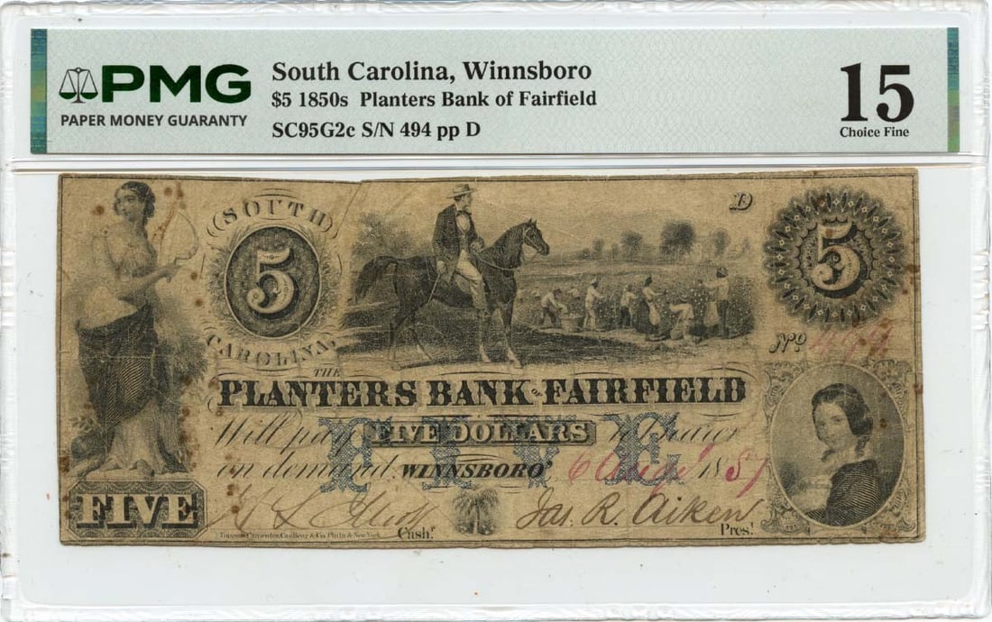 Planters Bank Fairfield Winnsboro 1857 Five Dollar Obsolete Currency PMG F15: Planters Bank Fairfield Winnsboro 1857 Five Dollar Obsolete Currency PMG F15 This is an 1857 $5 obsolete banknote issued by the Planters Bank of Fairfield in Winnsboro, South Carolina. The note is cer