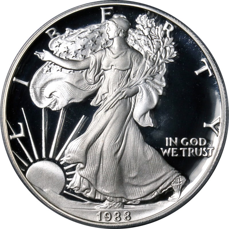 PCGS Certified 1988-S Silver American Eagle Dollar PR70 DCAM: PCGS Certified 1988-S Silver American Eagle Dollar PR70 DCAM This is an original 1988-S Silver American Eagle $1 coin, certified by PCGS as PR70 Deep Cameo (DCAM). The coin is uncirculated, features a