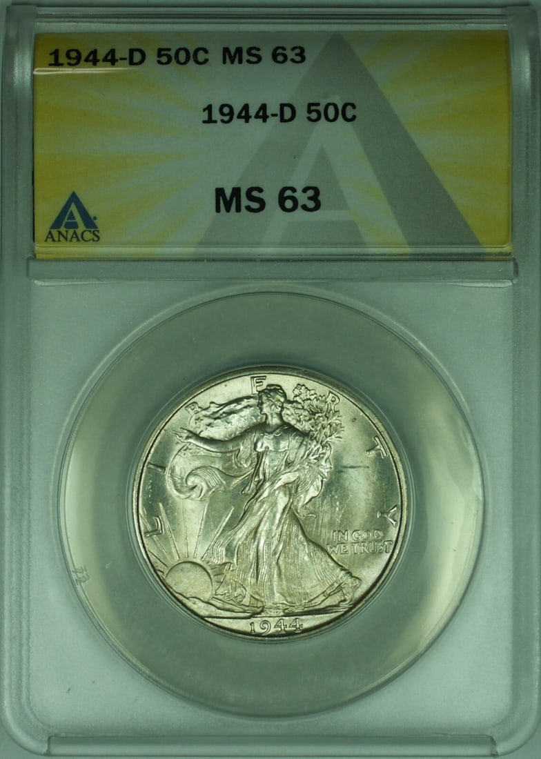 ANACS MS 63 1944-D Liberty Walking Silver 50 Cent Coin Denver Mint: ANACS MS 63 1944-D Liberty Walking Silver 50 Cent Coin Denver Mint This 1944-D Walking Liberty Half Dollar is an uncirculated United States coin with a 50-cent denomination. Struck at the Denver Mint,