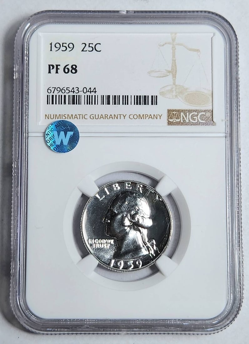1959 P Washington Quarter NGC PF 68 Proof Silver Coin: 1959 P Washington Quarter NGC PF 68 Proof Silver Coin This 1959 P Washington Quarter is an exceptional piece certified by NGC with a grade of PF 68. Made of silver, this uncirculated coin features a p