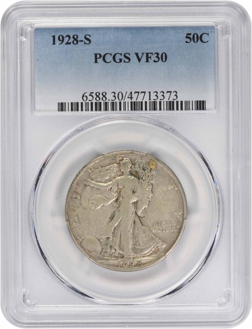 1928 San Francisco Walking Liberty Half Dollar 50C PCGS VF30: 1928 San Francisco Walking Liberty Half Dollar 50C PCGS VF30 This 1928-S Walking Liberty Half Dollar features the iconic design by Adolph Alexander Weinman and was minted in San Francisco. Certified b
