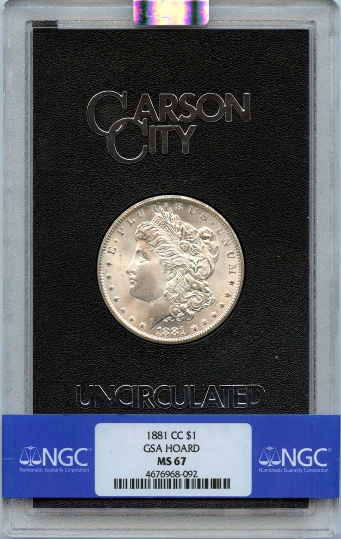 NGC MS67 1881 Carson City Morgan Silver Dollar GSA Hoard: NGC MS67 1881 Carson City Morgan Silver Dollar GSA Hoard This is an 1881-CC Morgan Dollar from the GSA Hoard, certified by NGC with a grade of MS67. The coin was minted in Carson City and remains in u