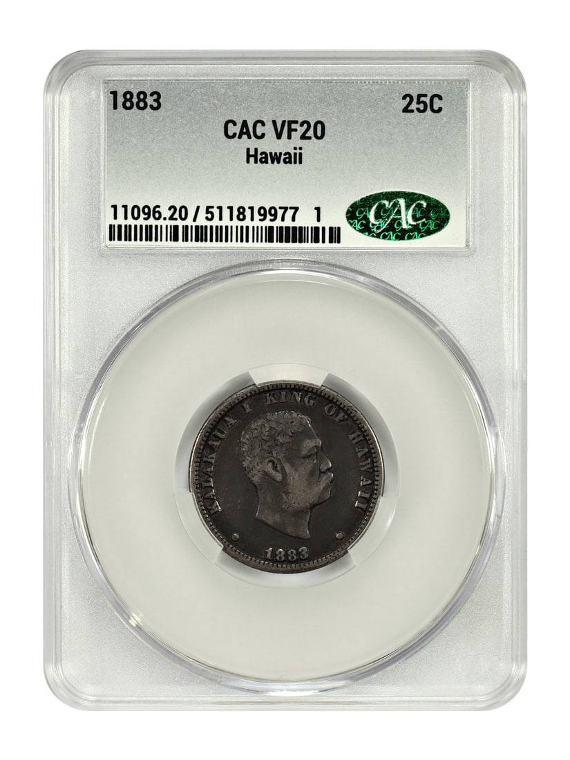 1883 Hawaii 25 Cent CACG VF20 Territorial Quarter Coin: 1883 Hawaii 25 Cent CACG VF20 Territorial Quarter Coin This 1883 Hawaii quarter is a popular collectible from a limited mintage for the Kingdom of Hawaii. Certified by CACG and graded VF20, this circu