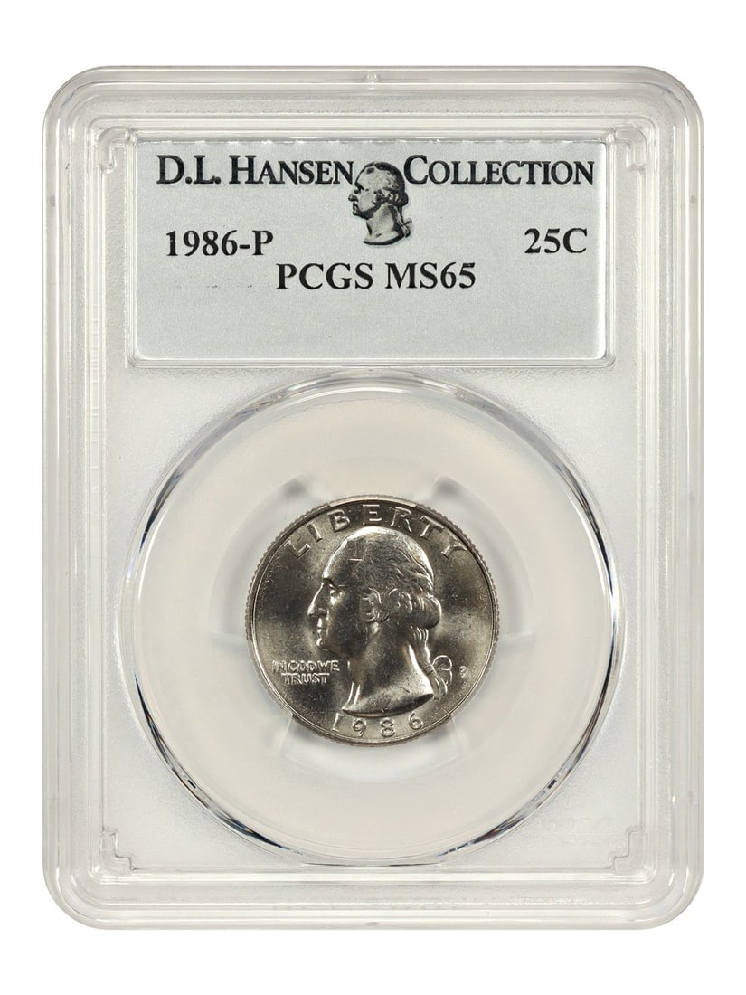 PCGS MS65 1986-P Washington Quarter ex D L Hansen: PCGS MS65 1986-P Washington Quarter ex D L Hansen This is a 1986-P Washington Quarter graded MS65 by PCGS. The coin is uncirculated and was minted in Philadelphia. It is part of the Washington Quarter
