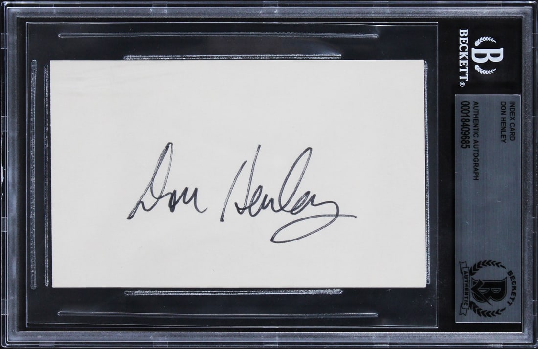 Don Henley Autographed 3x5 Index Card The Eagles Beckett Authenticated: Don Henley Autographed 3x5 Index Card The Eagles Beckett Authenticated This authentic 3x5 index card features the signature of Don Henley, the renowned member of The Eagles. The item is slabbed and au