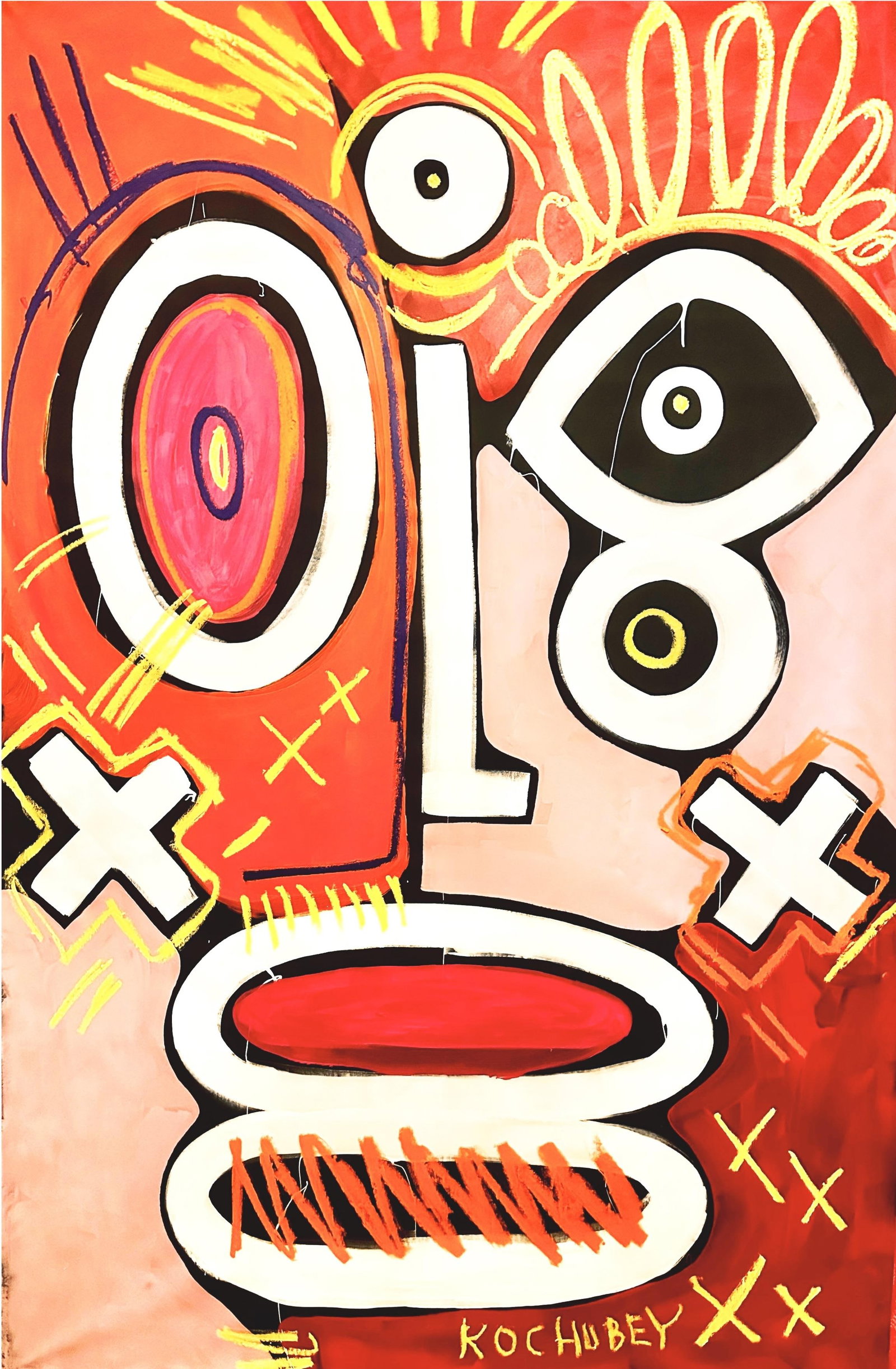 Vera Kochubey Lucky Totem Painting 81 x 53 Mixed Media Neo-Expressionist: Vera Kochubey Lucky Totem Painting 81 x 53 Mixed Media Neo-Expressionist Experience the powerful imagery of "Lucky Totem," a striking painting by Vera Kochubey, created in 2024. This large-scale artwo