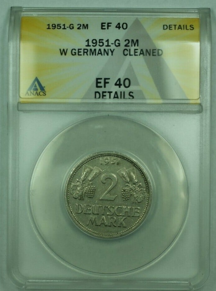 ANACS XF 40 1851-G Germany 2 Mark Silver Piece Cleaned (1 of 2)