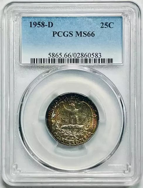 1958 D Washington Quarter PCGS MS66 Silver Rainbow Toning: 1958 D Washington Quarter PCGS MS66 Silver Rainbow Toning This 1958 D Washington Quarter, graded MS-66 by PCGS, is a stunning example of uncirculated coinage. Crafted from silver, this quarter showcas