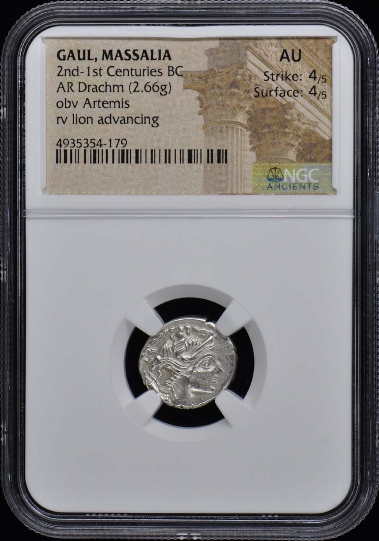Massalia Silver Drachm Ancient Gaul Coin NGC AU50 Certified: Massalia Silver Drachm Ancient Gaul Coin NGC AU50 Certified This ancient AR Drachm coin from Gaul, Massalia dates to the 2nd-1st centuries BC. Certified by NGC with a grade of AU50, the coin is of Fre