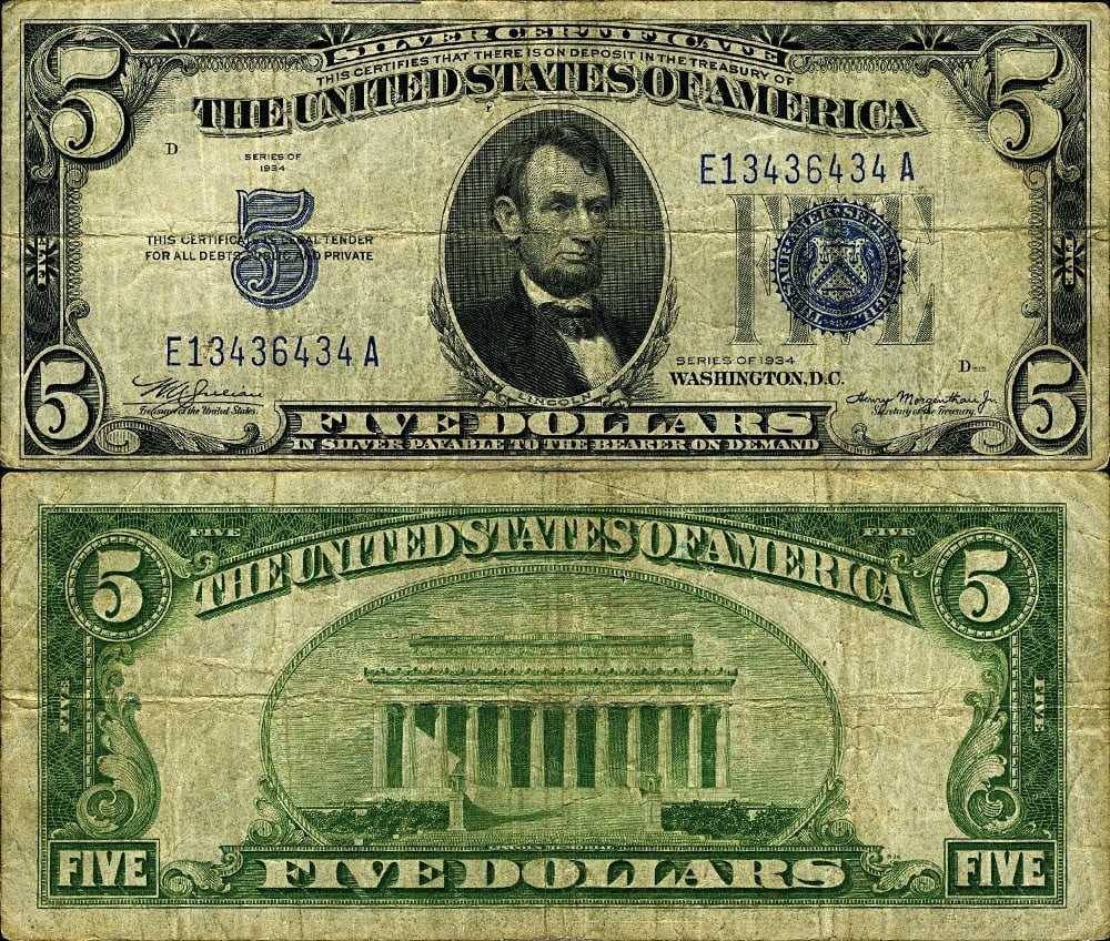 1934 $5 Silver Certificate FR. 1650 Non-Mule E-A Block Uncertified (1 of 3)