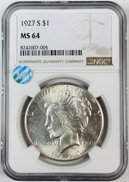 NGC MS64 1927 San Francisco Peace Silver Dollar USA: NGC MS64 1927 San Francisco Peace Silver Dollar USA This 1927 S Peace Dollar is a silver coin graded MS-64 by NGC. It was minted in San Francisco and remains uncirculated, featuring a sight white appe