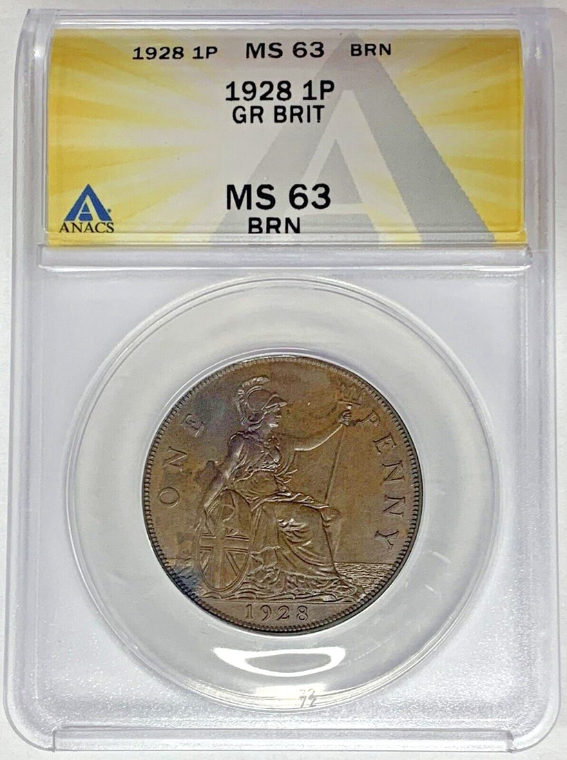1928 United Kingdom Penny ANACS MS 63 Brown Certified Coin (1 of 2)