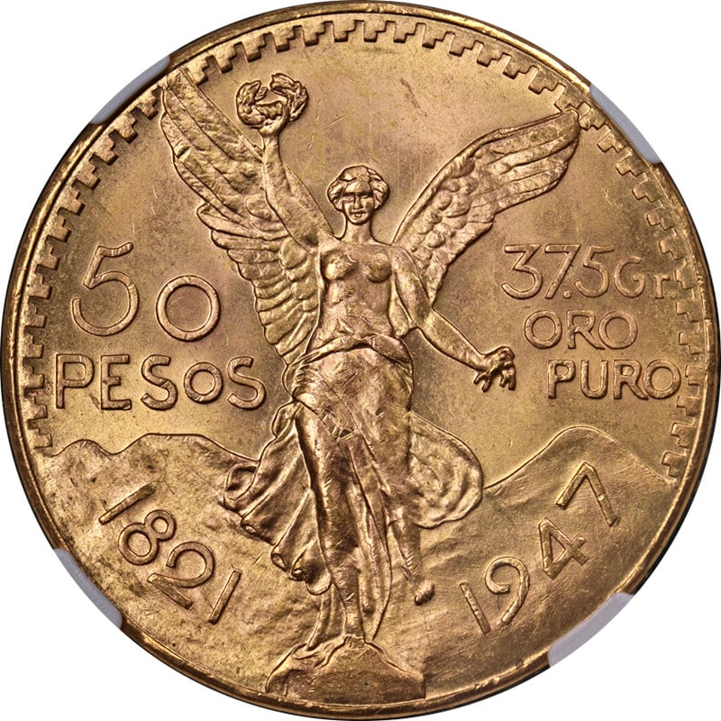 NGC MS65 1947 Mexico Gold 50 Pesos Restrike Coin: NGC MS65 1947 Mexico Gold 50 Pesos Restrike Coin This is an original 1947 Mexico Gold 50 Peso restrike coin, certified by NGC with a grade of MS65. The coin features impressive luster, a strong strike