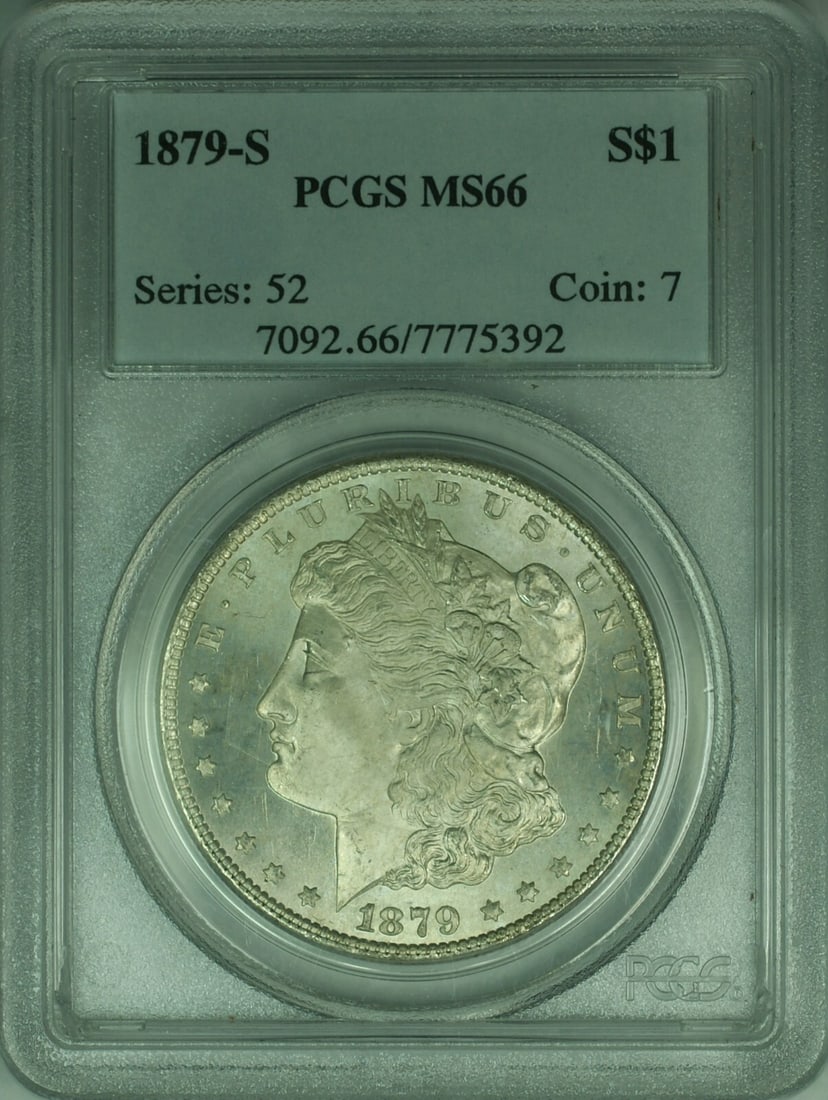 PCGS MS66 San Francisco 1879 Morgan Silver Dollar $1 Coin: PCGS MS66 San Francisco 1879 Morgan Silver Dollar $1 Coin This is an 1879-S Morgan Silver Dollar coin, certified by PCGS with a grade of MS 66. Minted in San Francisco, this uncirculated coin is compo