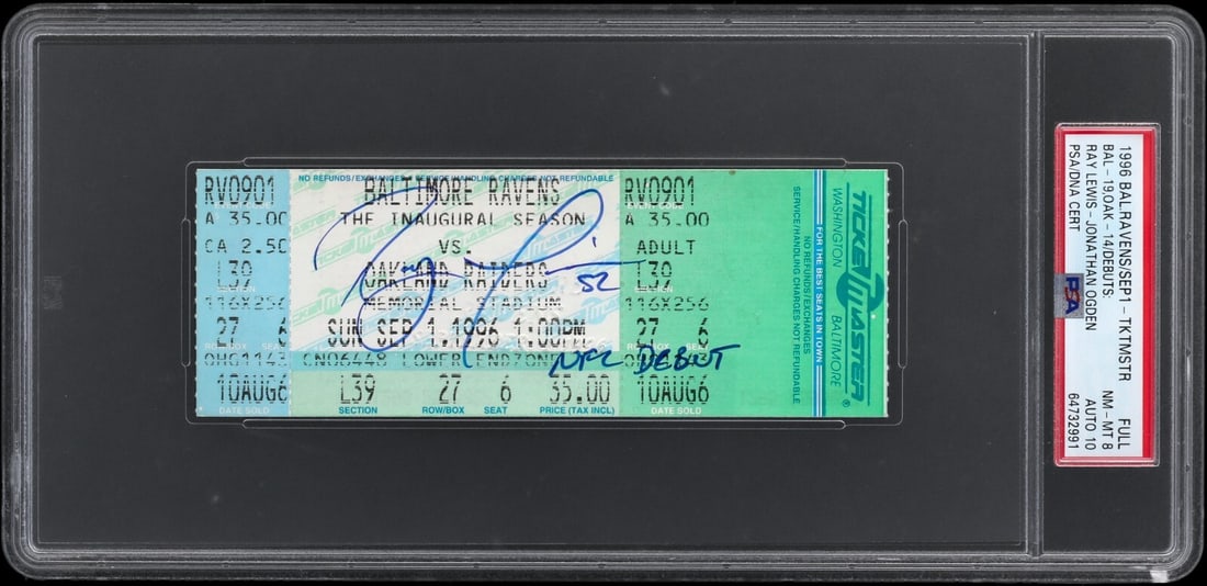 Ray Lewis Signed NFL Debut Full Ticket PSA DNA GEM MT 10: Ray Lewis Signed NFL Debut Full Ticket PSA DNA GEM MT 10 Celebrate a significant moment in football history with this original full ticket from Ray Lewis's NFL debut on September 1, 1996. This ticket