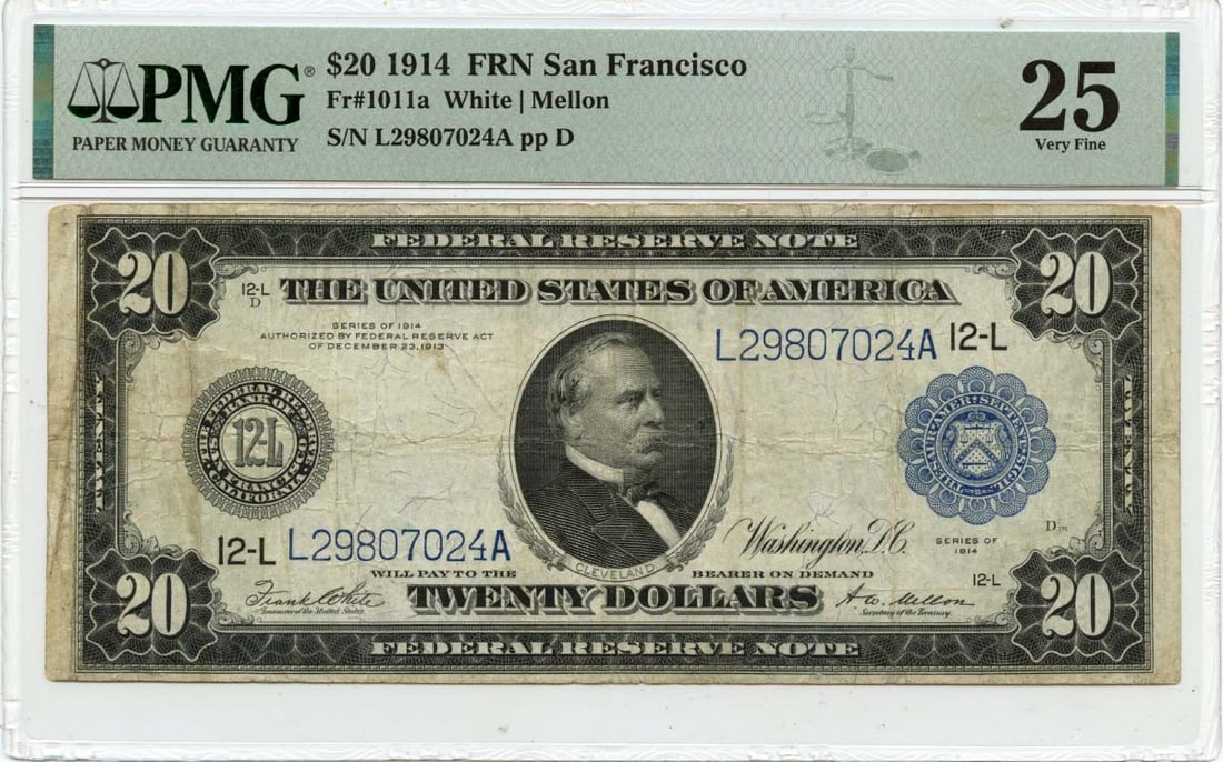 1914 $20 San Francisco Federal Reserve Note PMG VF25: 1914 $20 San Francisco Federal Reserve Note PMG VF25 This 1914 $20 Federal Reserve Note from San Francisco, cataloged as Fr#1011a, is a remarkable collectible for currency enthusiasts. Certified by PM