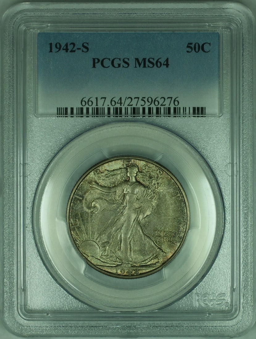 PCGS MS-64 1942-S Liberty Silver Half Dollar with Attractive Toning: PCGS MS-64 1942-S Liberty Silver Half Dollar with Attractive Toning This 1942-S Walking Liberty Silver Half Dollar features attractive toning and is graded MS-64 by PCGS. Minted in San Francisco, this