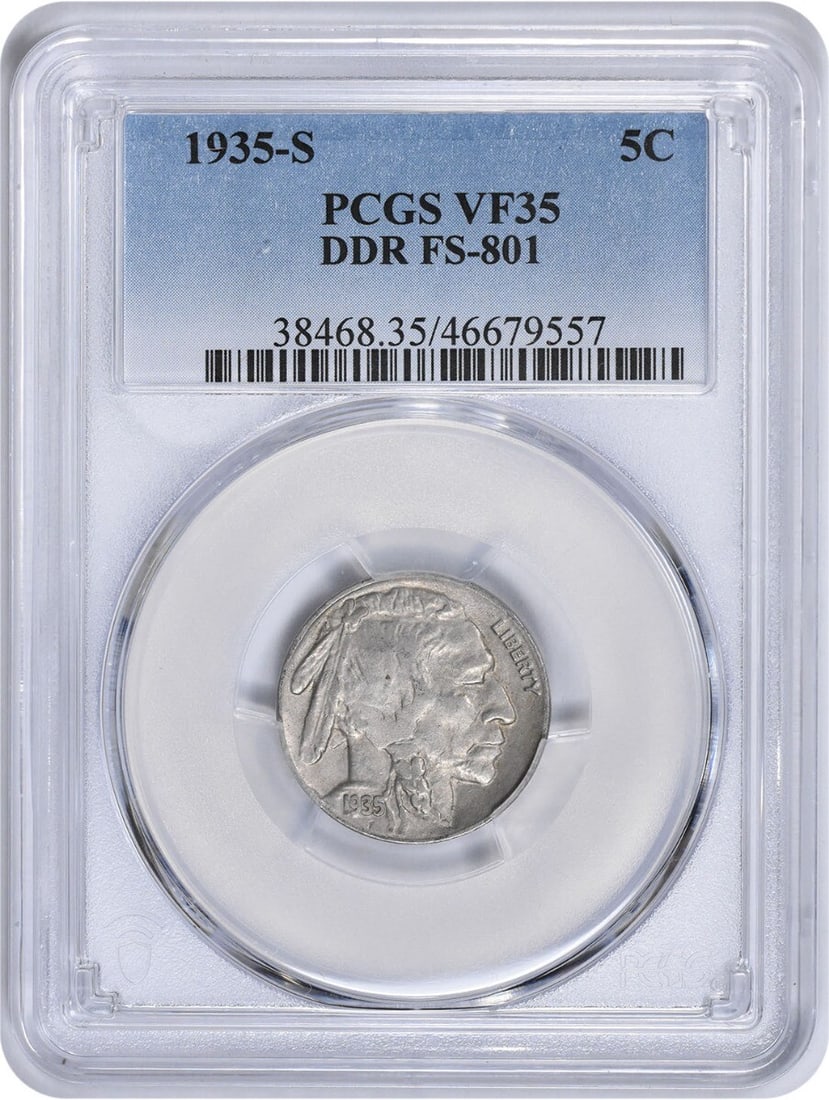 1935-S Five Cent Buffalo Nickel DDR FS-801 PCGS VF35: 1935-S Five Cent Buffalo Nickel DDR FS-801 PCGS VF35 This is a 1935-S Buffalo nickel graded VF35 by PCGS. The coin features a double die reverse (DDR) and is composed of nickel. It is a circulated, pr