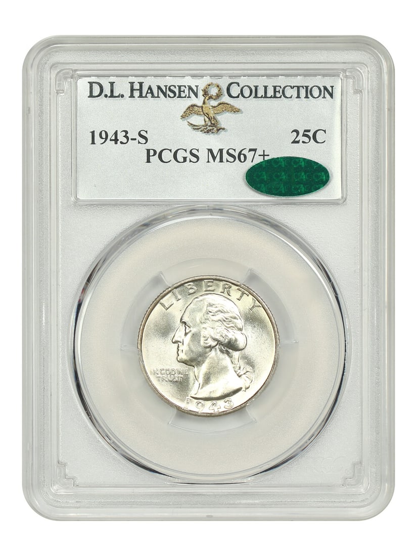 1943-S Washington Quarter PCGS MS67+ Registry Worthy D.L. Hansen: 1943-S Washington Quarter PCGS MS67+ Registry Worthy D.L. Hansen This 1943-S Washington Quarter is a stunning example of numismatic craftsmanship, graded MS67+ by PCGS and CAC. The coin features virtu