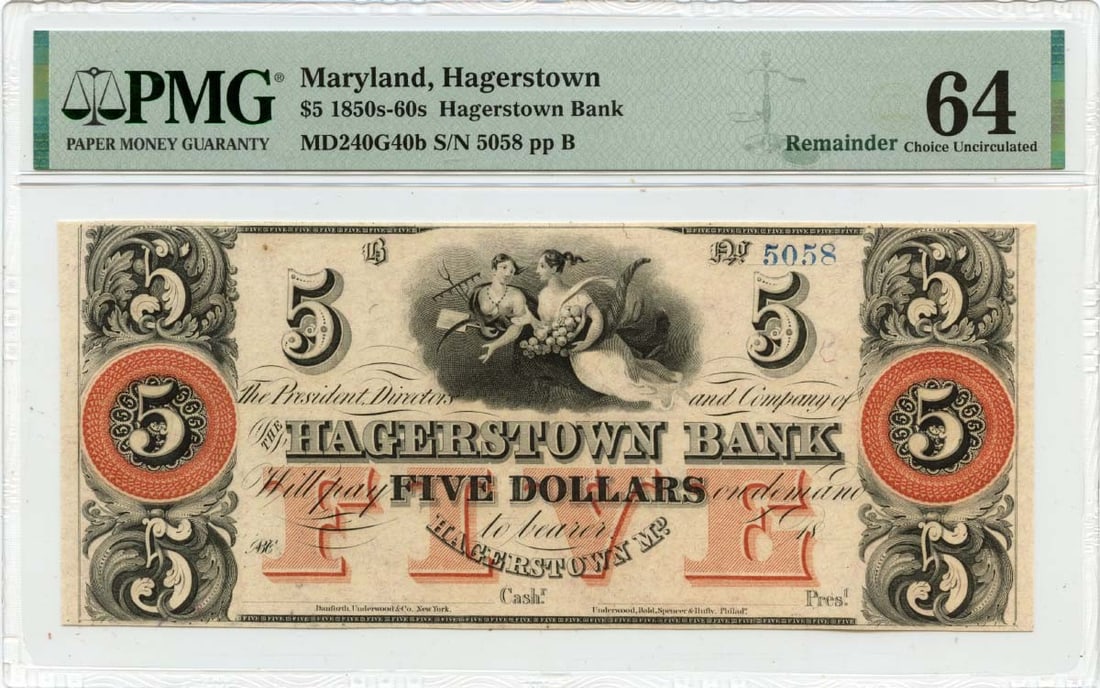 PMG Certified Hagerstown Bank Five Dollar Obsolete Currency Note CU64 (1 of 2)