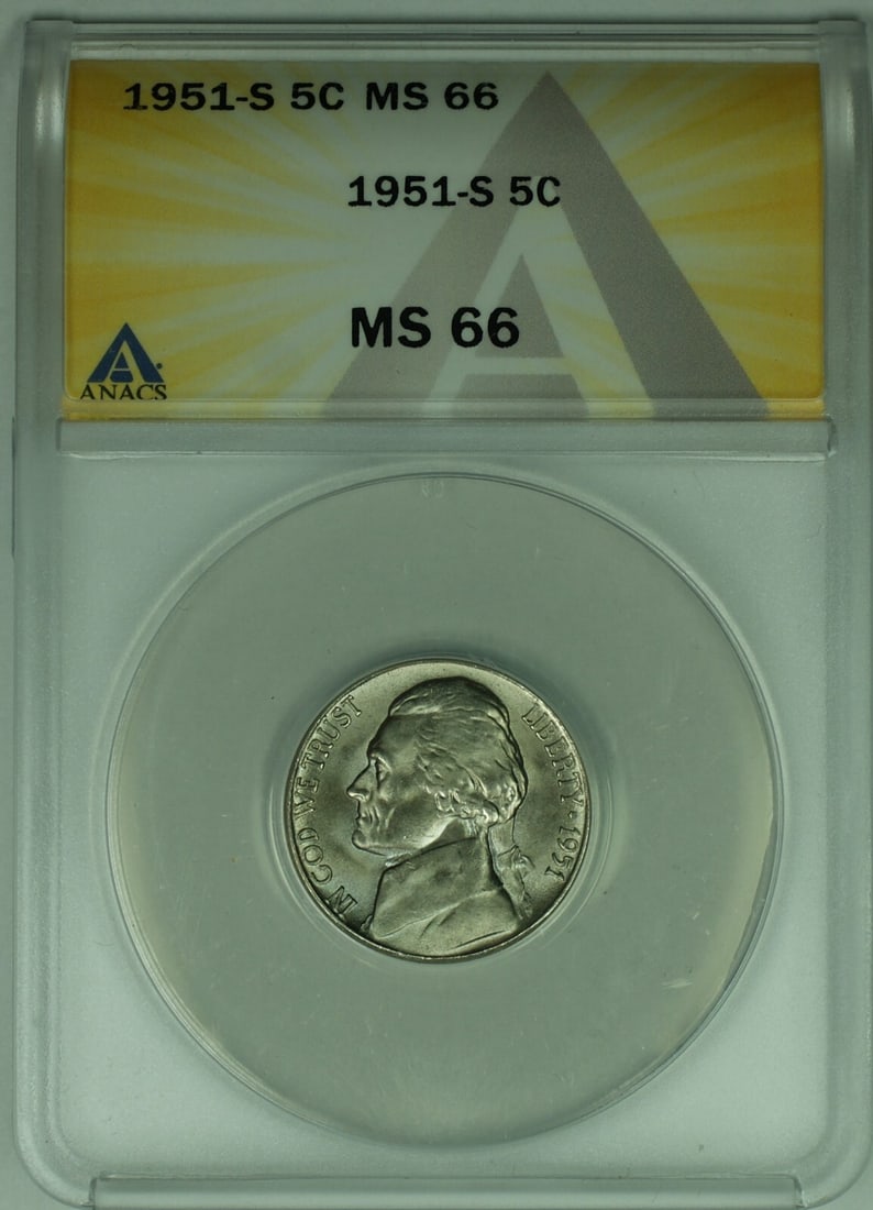 1951-S Jefferson Nickel ANACS MS 66 Certified Uncirculated 5C Coin (1 of 2)