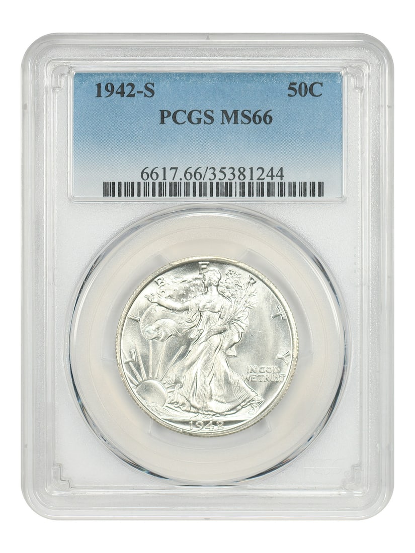PCGS MS66 1942-S Walking Liberty San Francisco Half Dollar: PCGS MS66 1942-S Walking Liberty San Francisco Half Dollar This is a 1942-S Walking Liberty Half Dollar, graded MS66 by PCGS. The coin is uncirculated and was minted in San Francisco. It is part of th